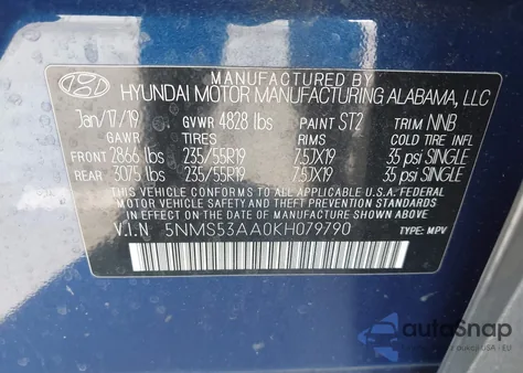 2019 Hyundai Santa Fe Ultimate 2.0T из США, поврежденный, VIN 5NMS53AA0KH079790